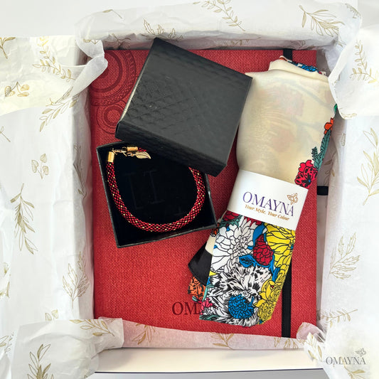notebook set in crimson - bracelet in a black gift box, scarf with floral motif and red notebook, all in a gift box