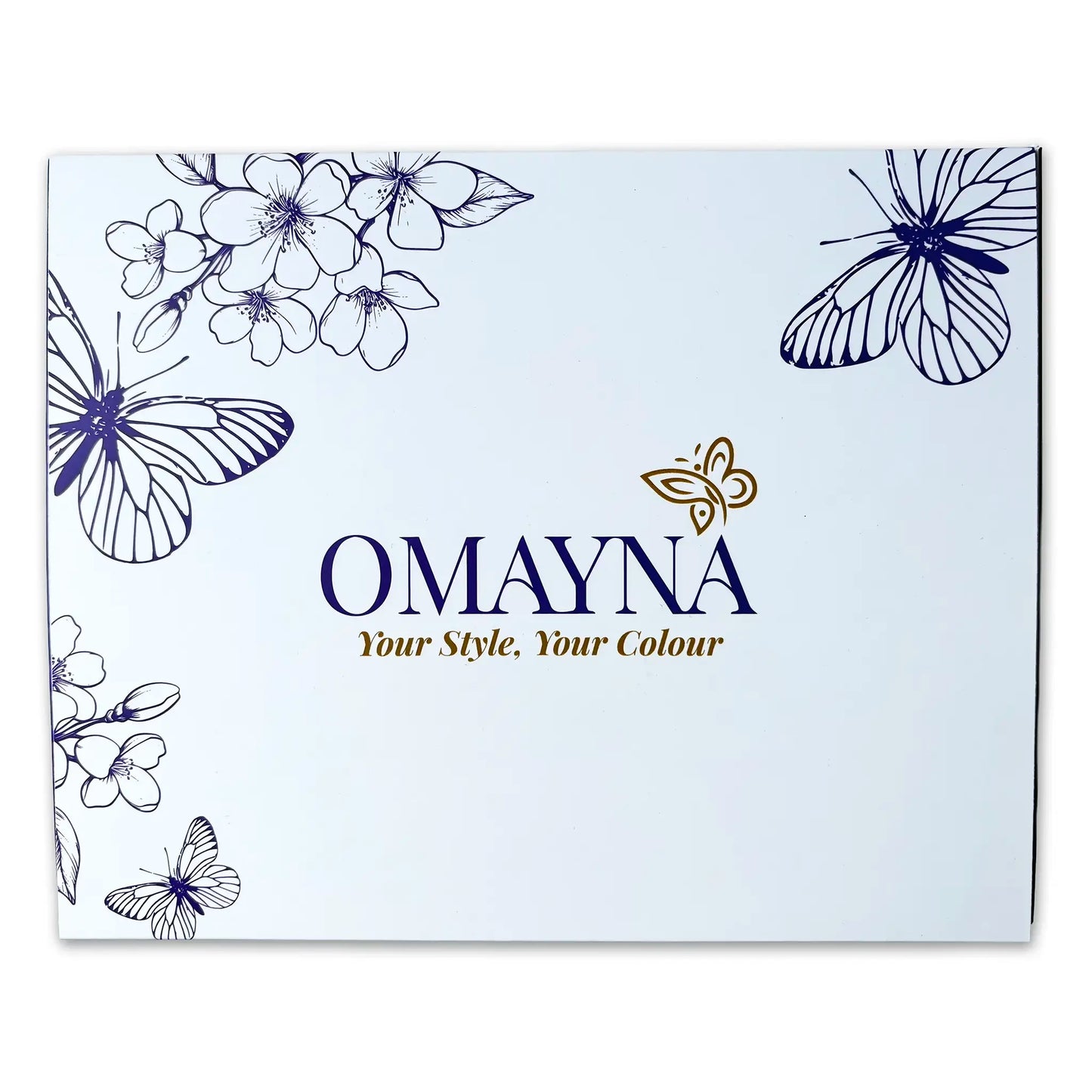 Omayna product packaging box with floral and butterfly designs on a light white background