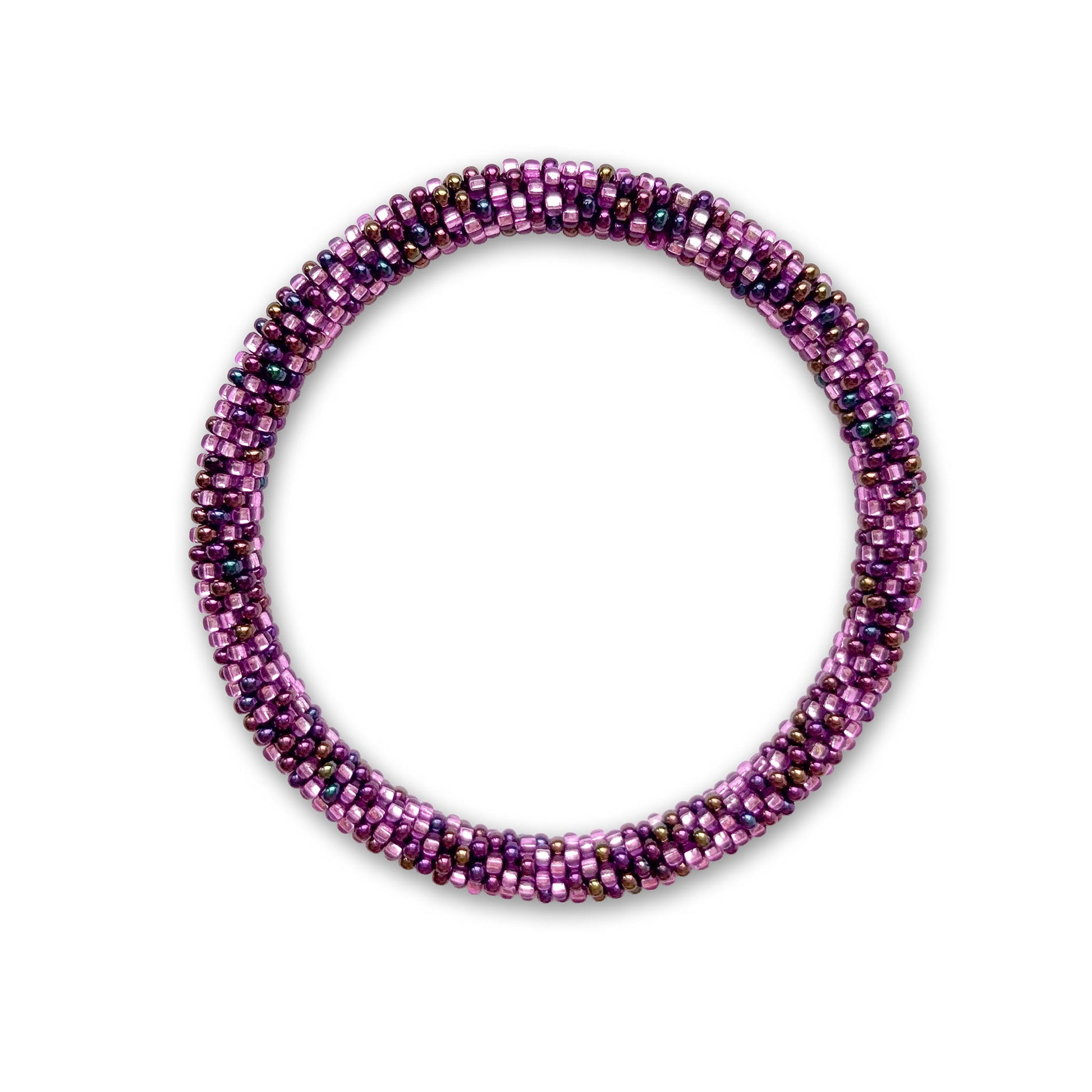 Purple beaded bracelet on a white background