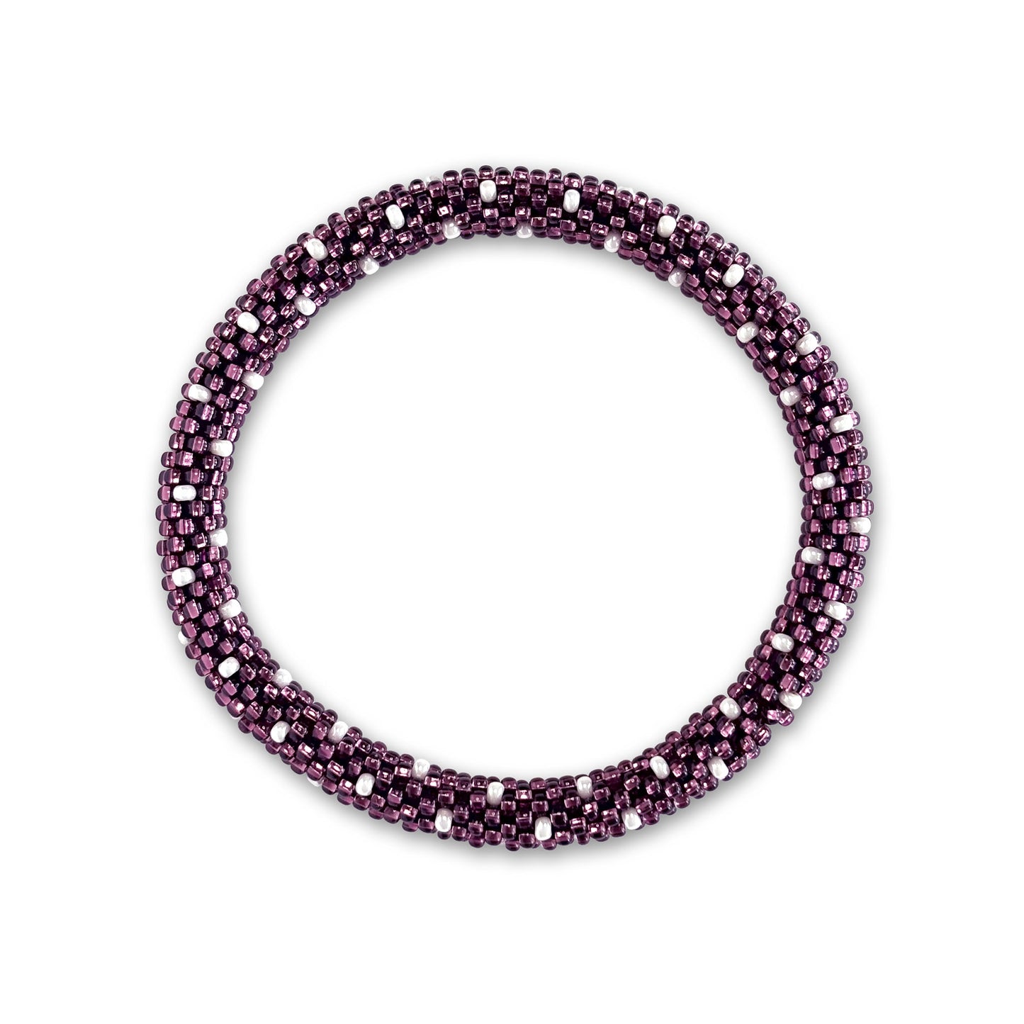 Purple beaded bracelet with white accents on a white background
