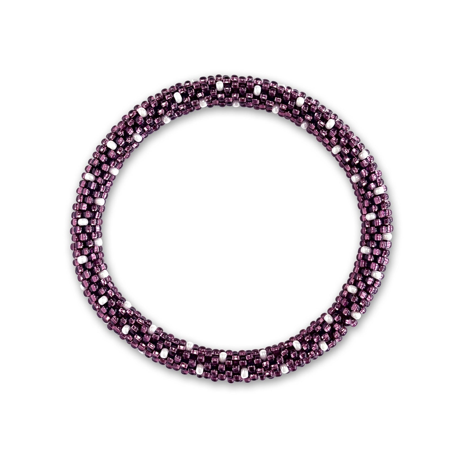 Purple beaded bracelet with white accents on a white background