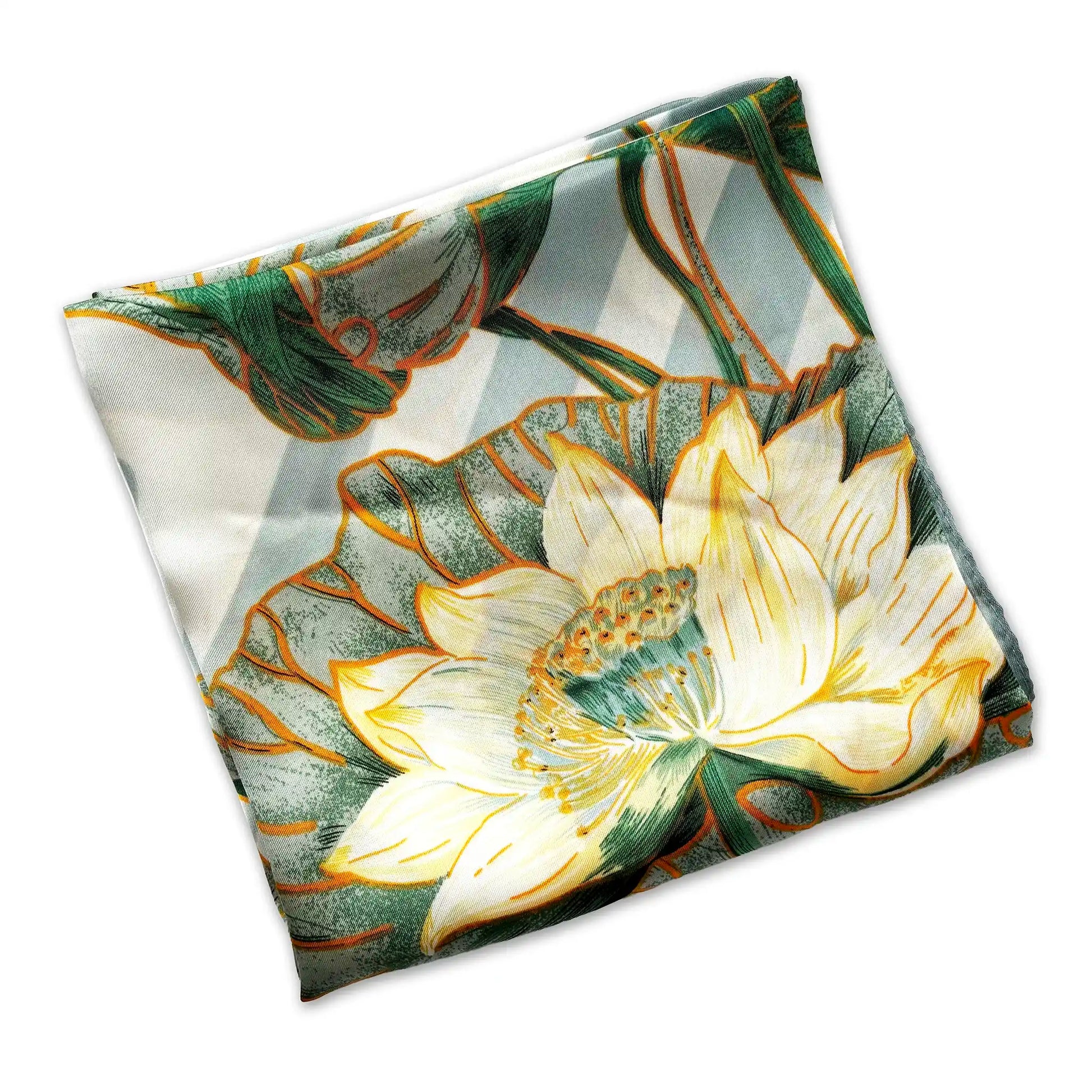 Silk scarf design featuring a yellow flower and green leaves.