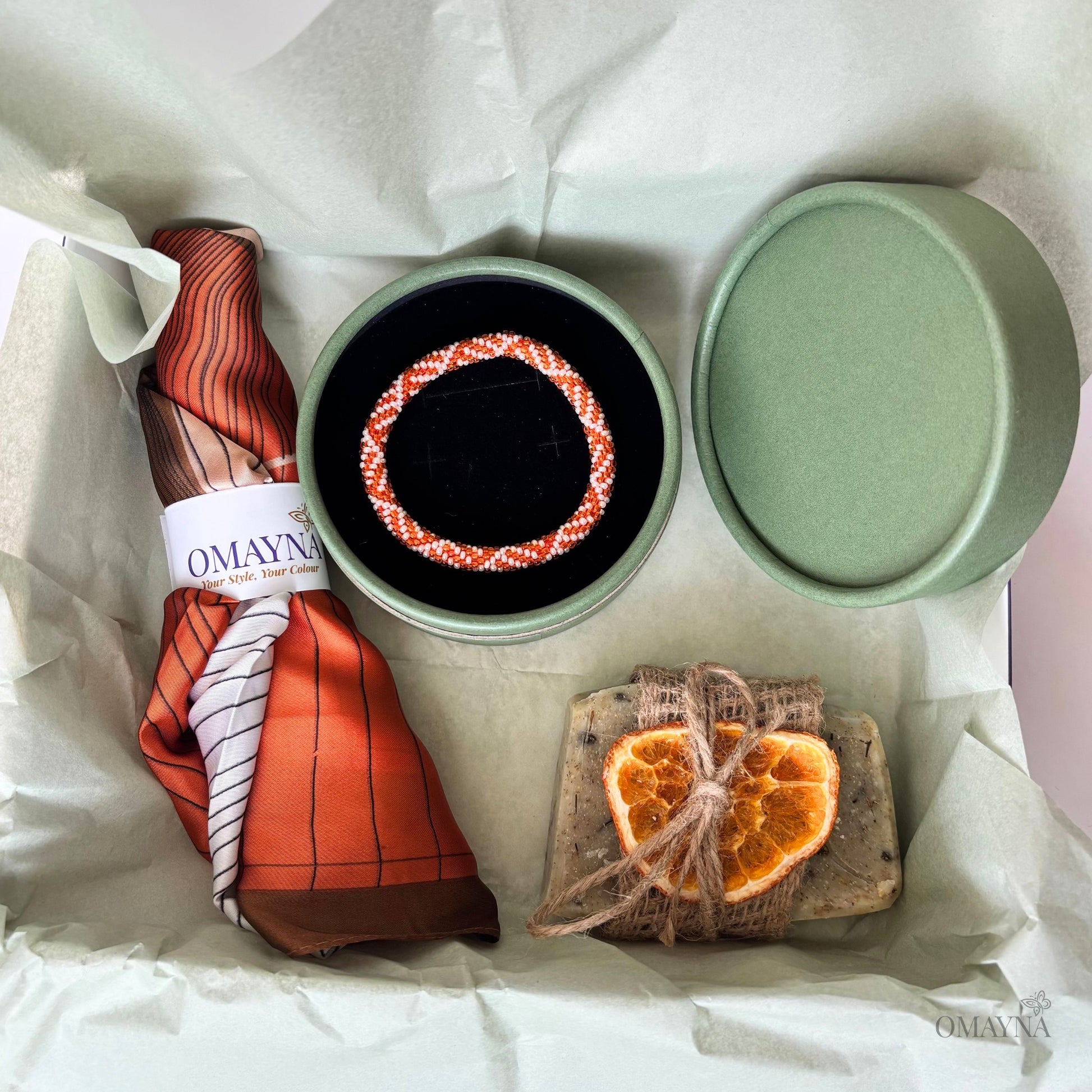 Gift box with bracelet, scarf and artisan chamomile soap, terracota tones, with wrapping paper