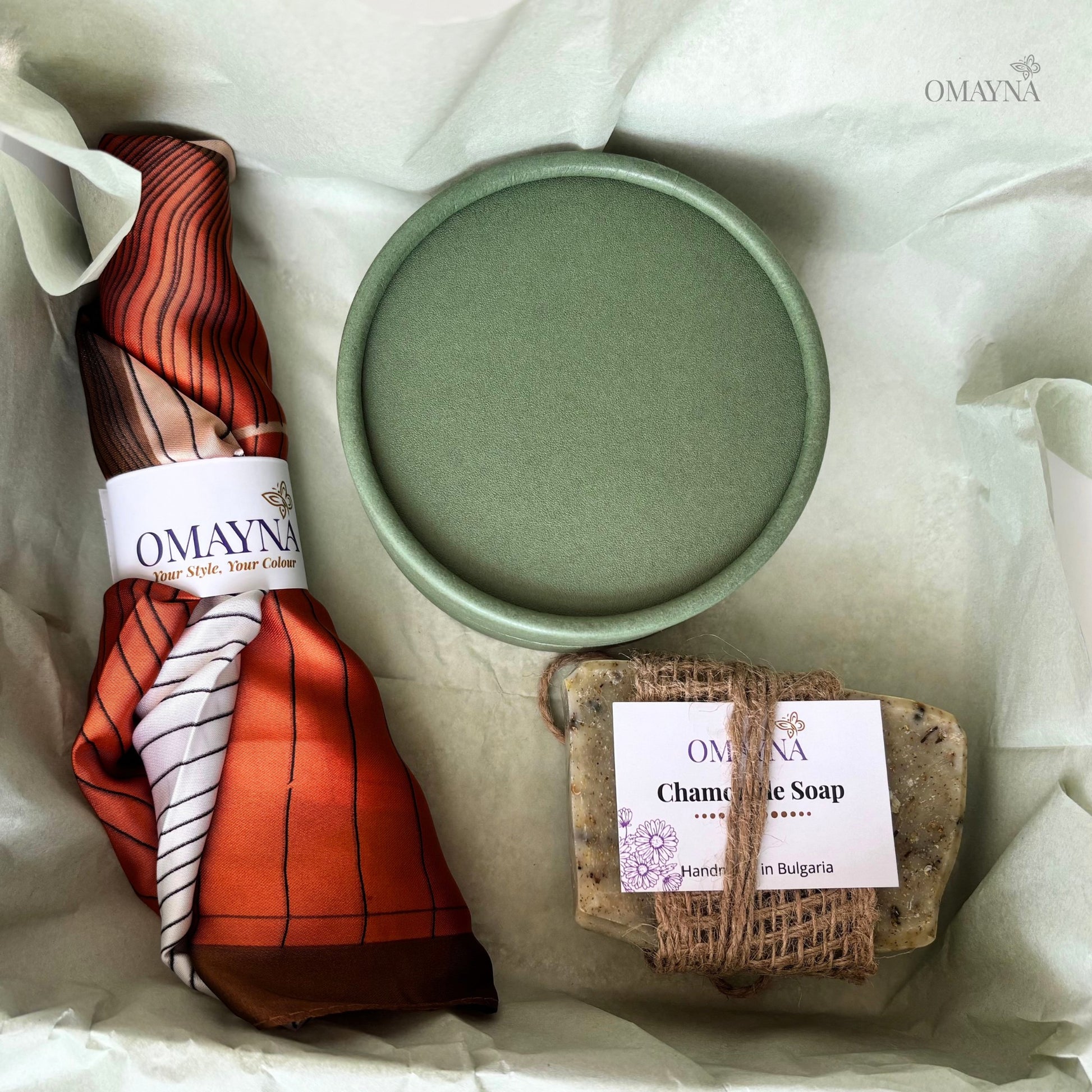 Gift box with bracelet, scarf and artisan chamomile soap, terracota tones, with wrapping paper