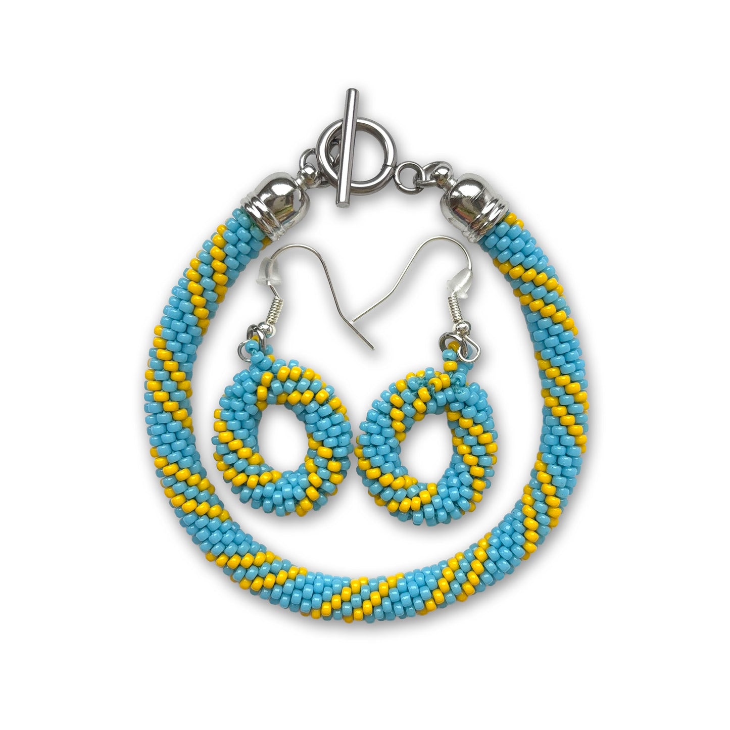 Beaded bracelet and earrings set with blue and yellow pattern on a white background