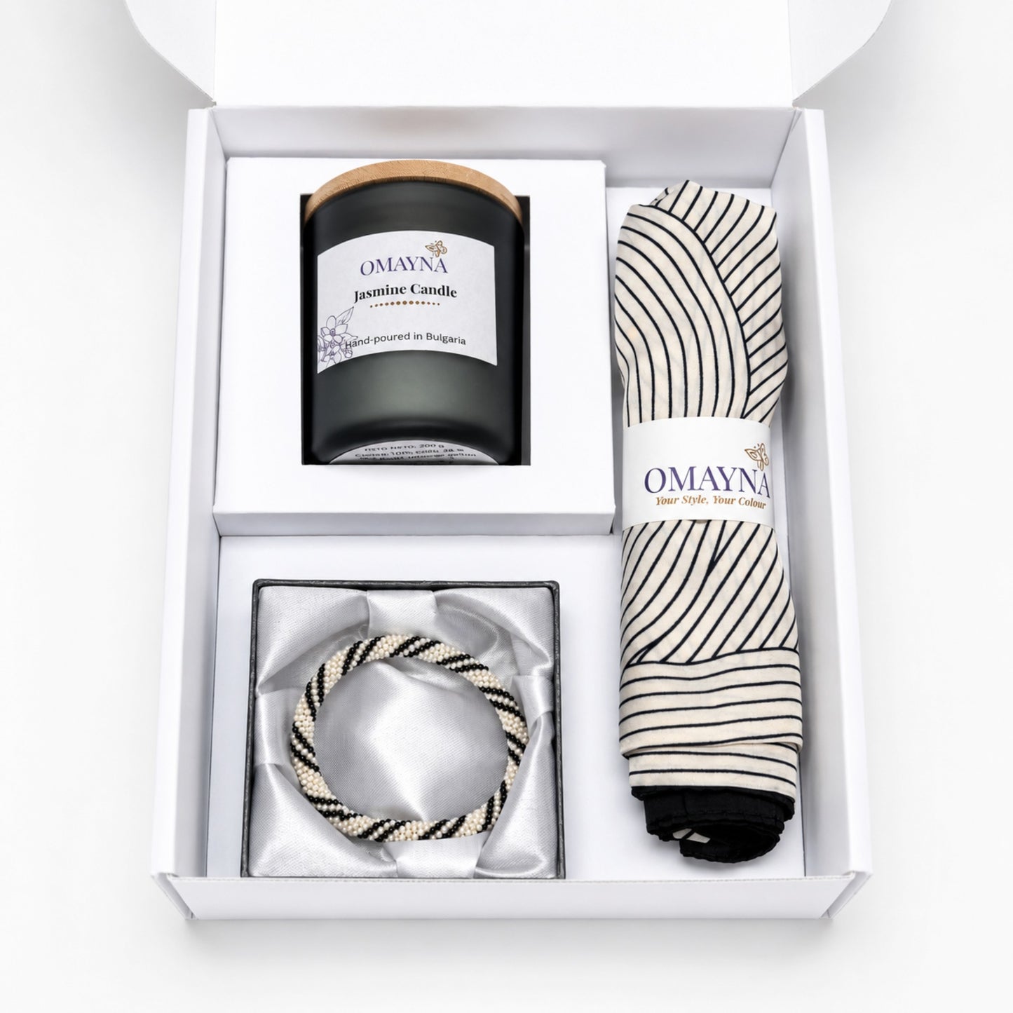 Gift set with jasmine candle,silk scarf and a beaded bracelet in pearl and black in a white box