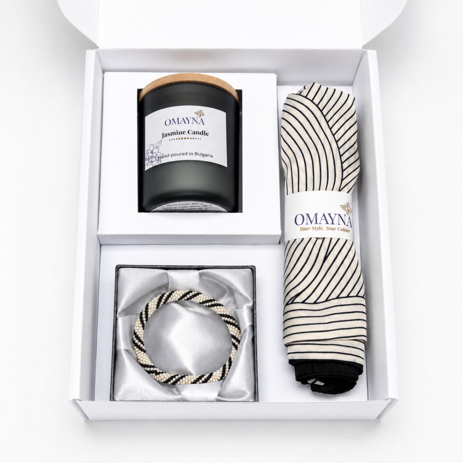 Gift set with jasmine candle,silk scarf and a beaded bracelet in pearl and black in a white box