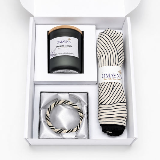Gift set with jasmine candle,silk scarf and a beaded bracelet in pearl and black in a white box