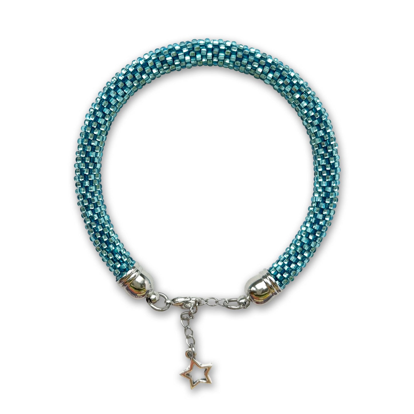 Light blue beaded bracelet with a star charm on a white background