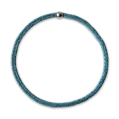 Light blue beaded necklace on a white background, magnetic clasp