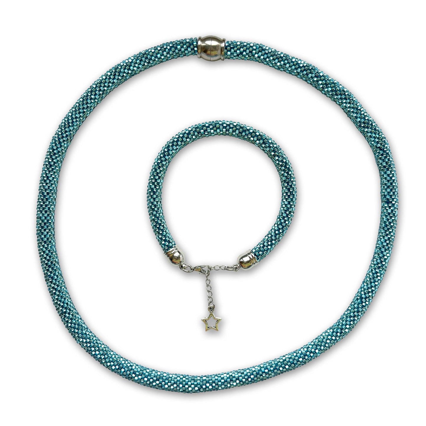 Light blue beaded necklace and bracelet with a star-shaped clasp on a white background