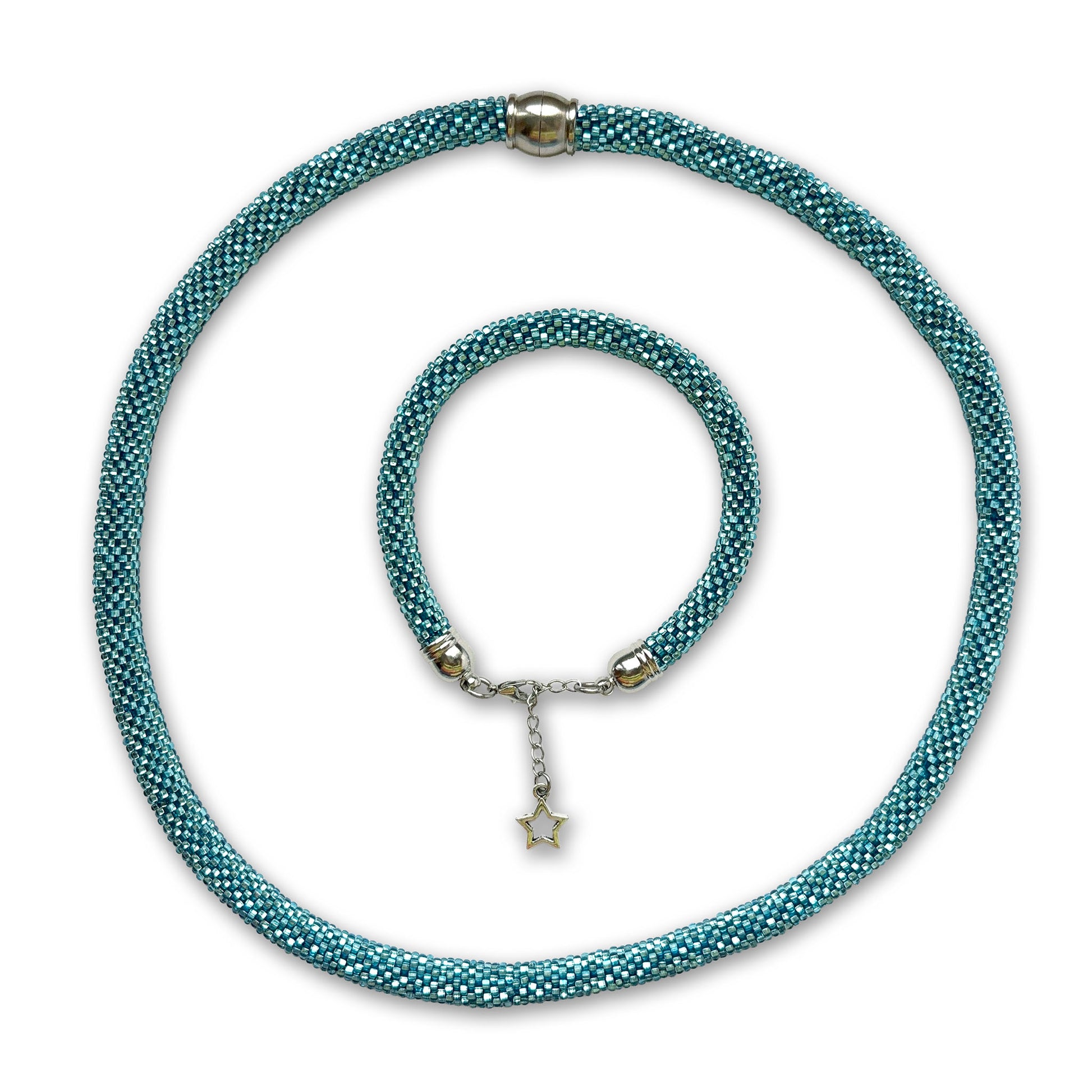 Light blue beaded necklace and bracelet with a star-shaped clasp on a white background