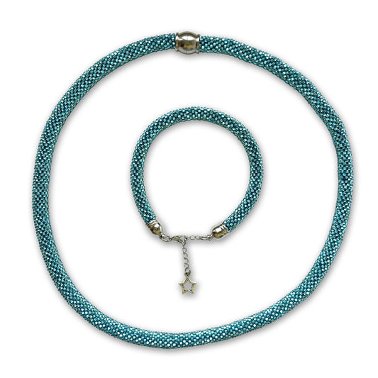 Light blue beaded necklace and bracelet with a star-shaped clasp on a white background