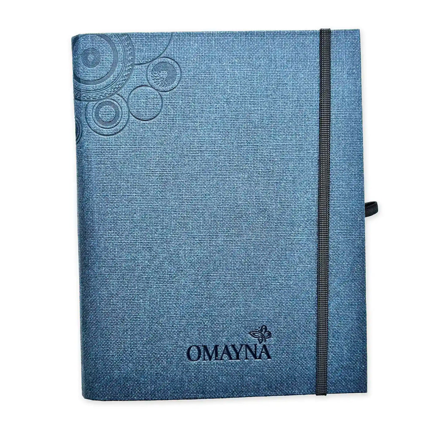 Dark Blue notebook with black strap closure on a white background with Omayna logo