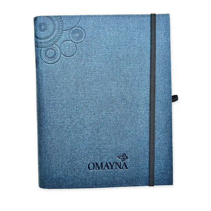 Dark Blue notebook with black strap closure on a white background with Omayna logo