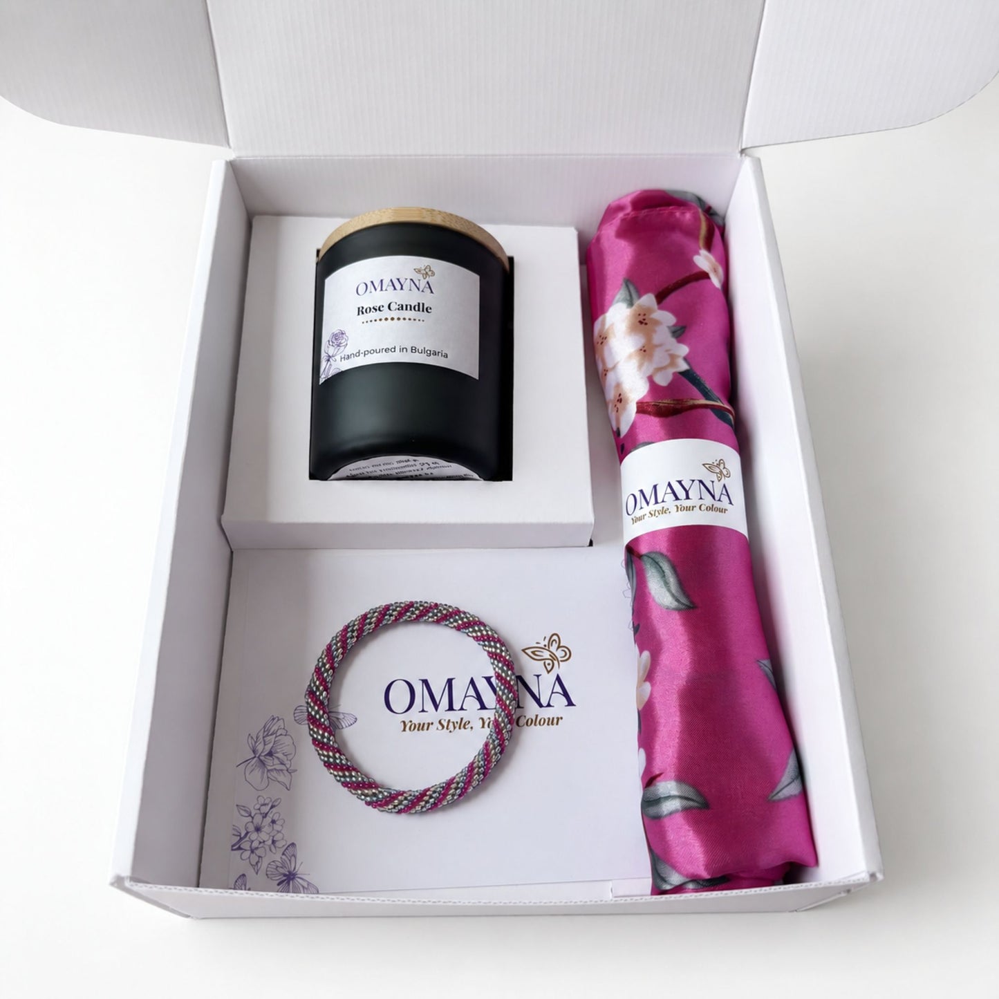 Gift Box - Bracelet, Scarf & Scented Candle | Pink Tones