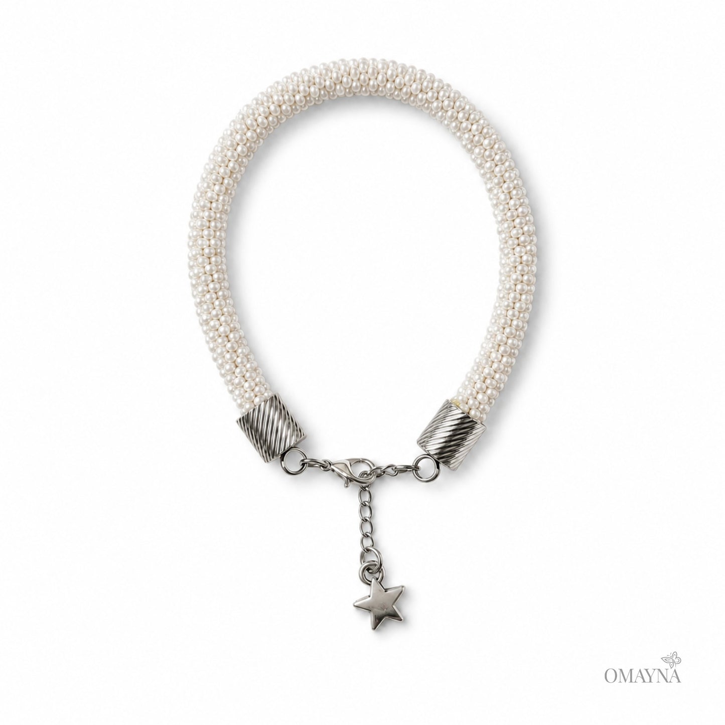 Pearl bracelet with silver beads and a star charm on a white background