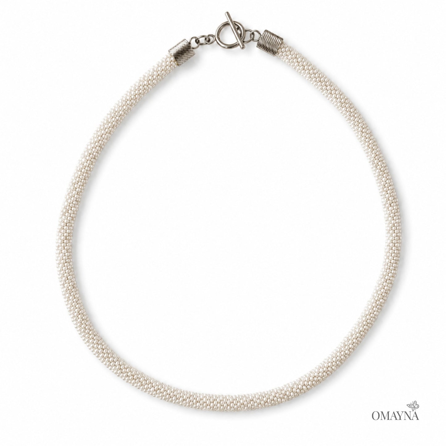 Pearl necklace with a silver clasp on a white background, branded 'OMAYNA'.