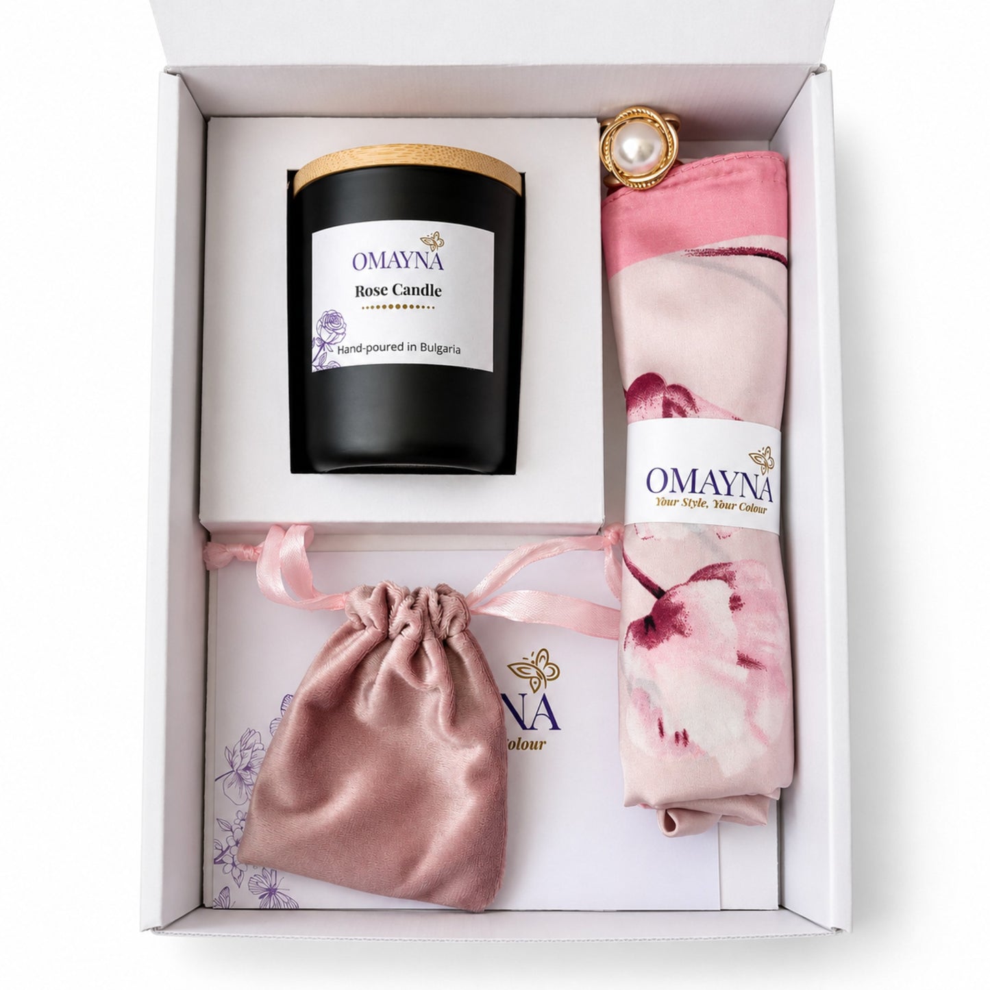 OMAYNA gift set with candle, scarf, and pink pouch in a box
