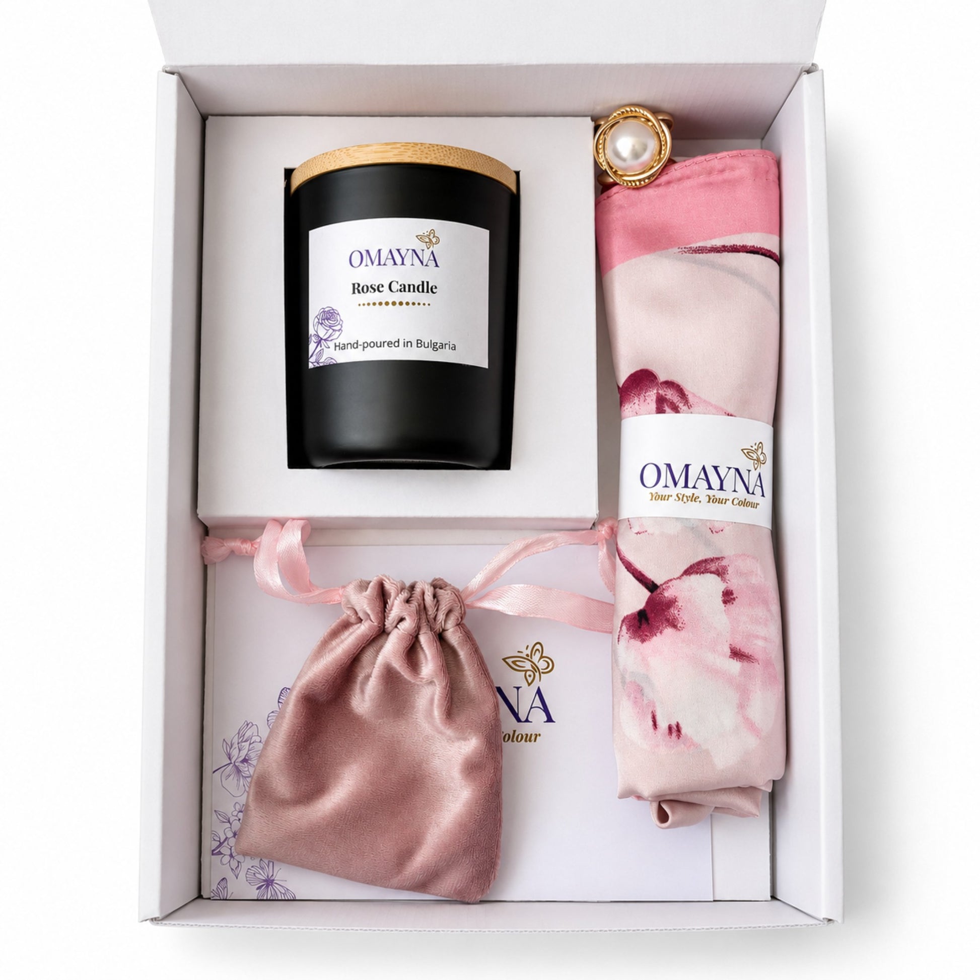 OMAYNA gift set with candle, scarf, and pink pouch in a box