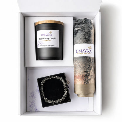 Gift set with black cherry candle, silk scarf, and bracelet in a box