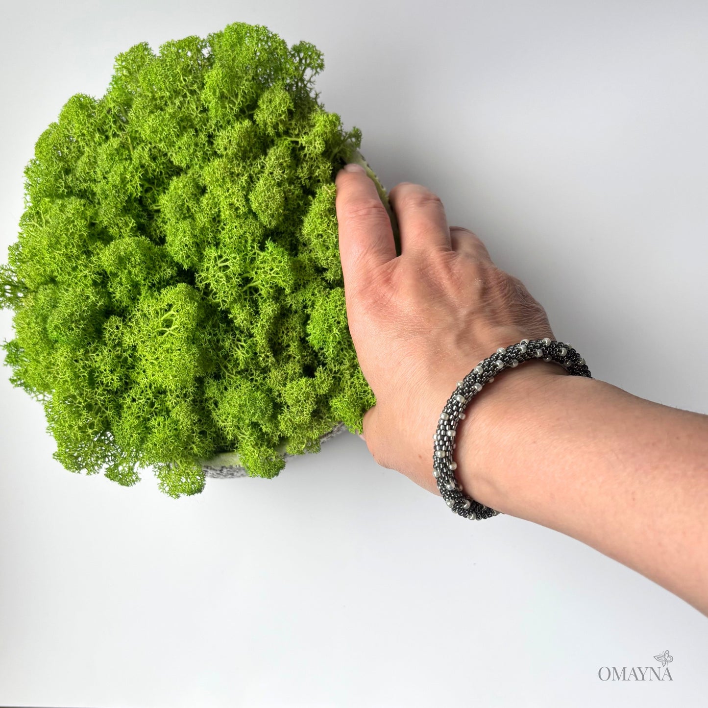 Hand wearing a grey & pearl bracelet holding a piece of green moss against a white background