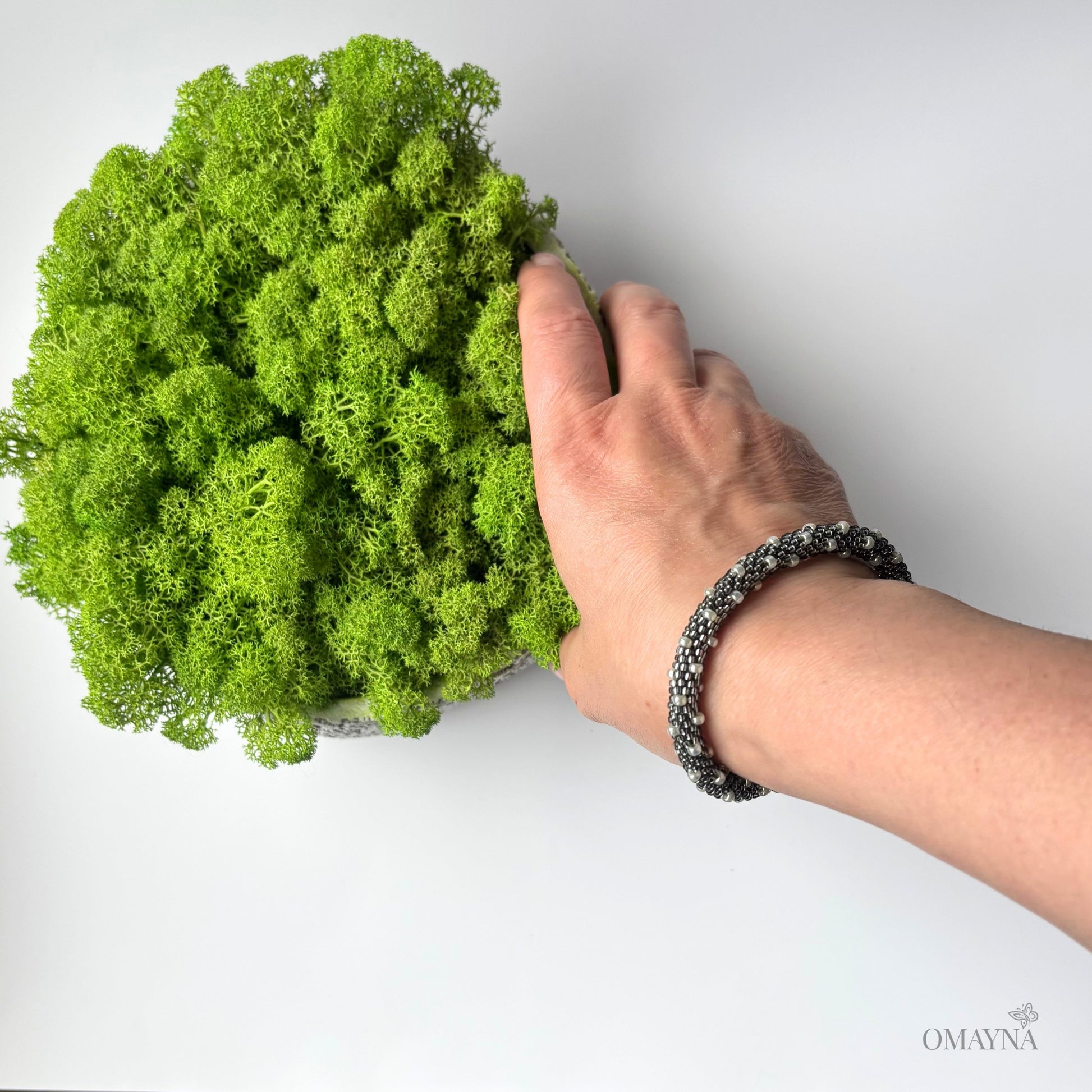 Hand wearing a grey & pearl bracelet holding a piece of green moss against a white background