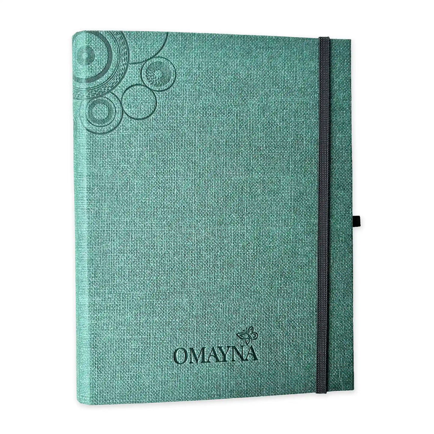 Green notebook with black strap closure on a white background with Omayna logo