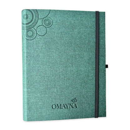 Green notebook with black strap closure on a white background with Omayna logo