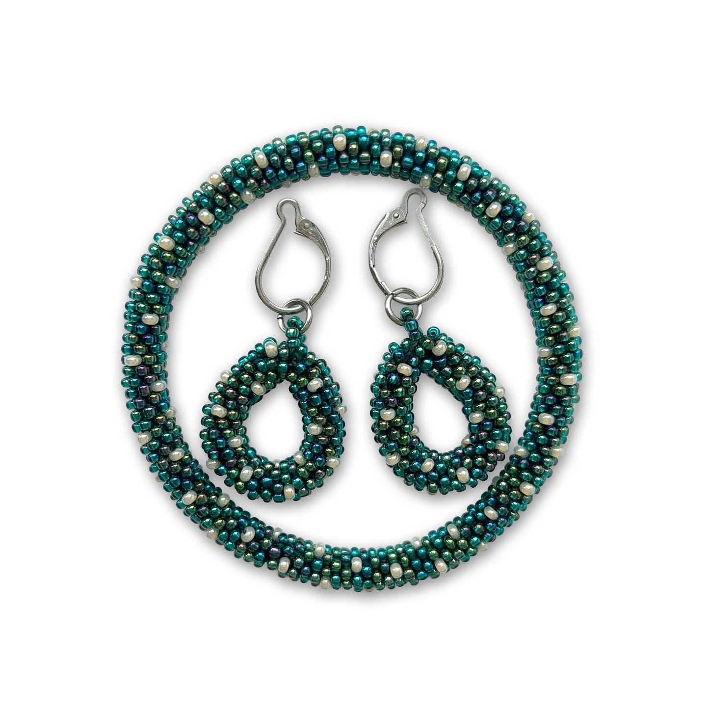 Ivy set -  beaded bracelet and earrings on a white background in green with pearls accents