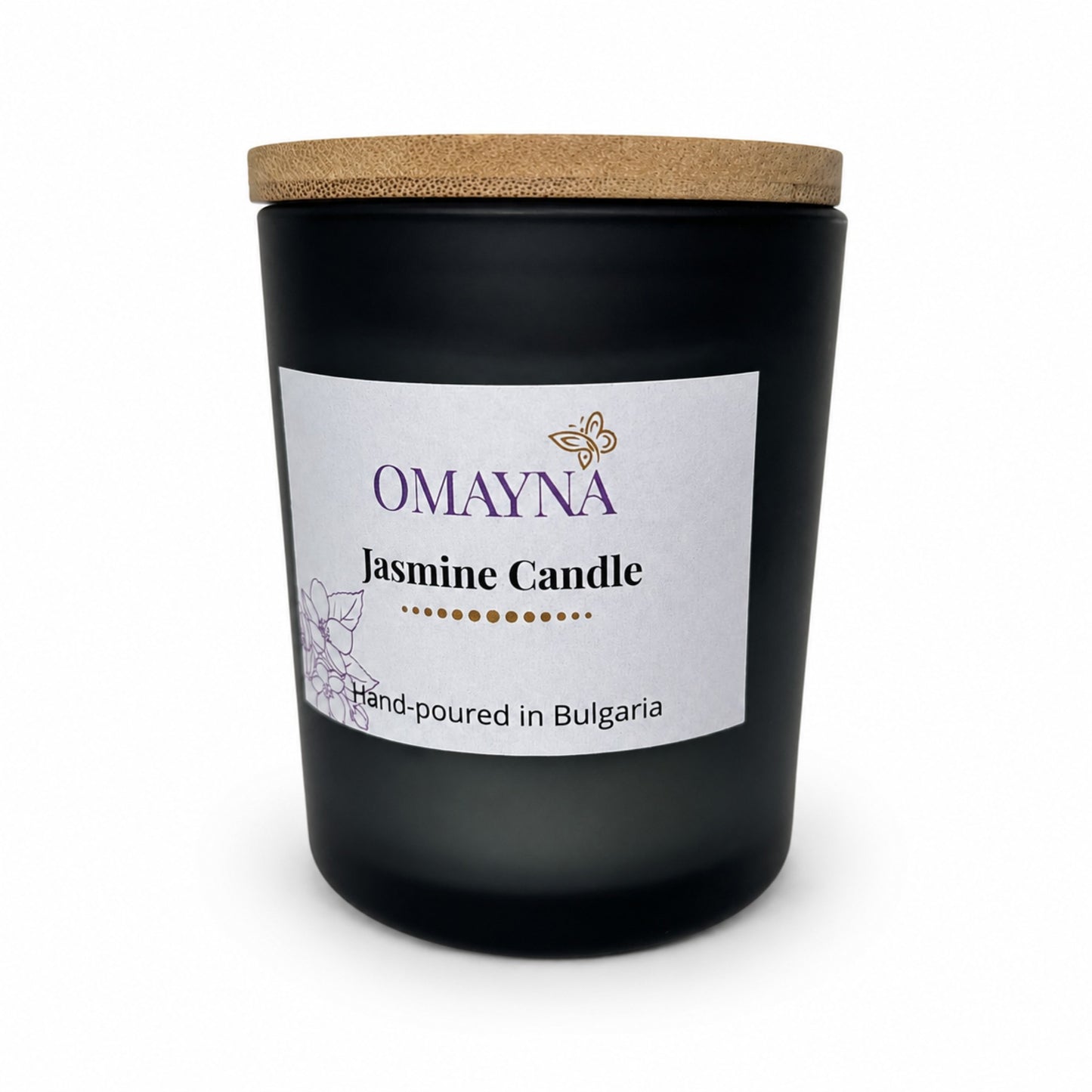 Jasmine candle with cork lid and Omayna label on a white background