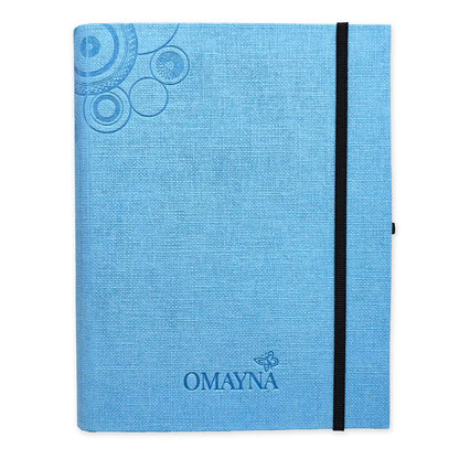 Light Blue notebook with black strap closure on a white background with Omayna logo