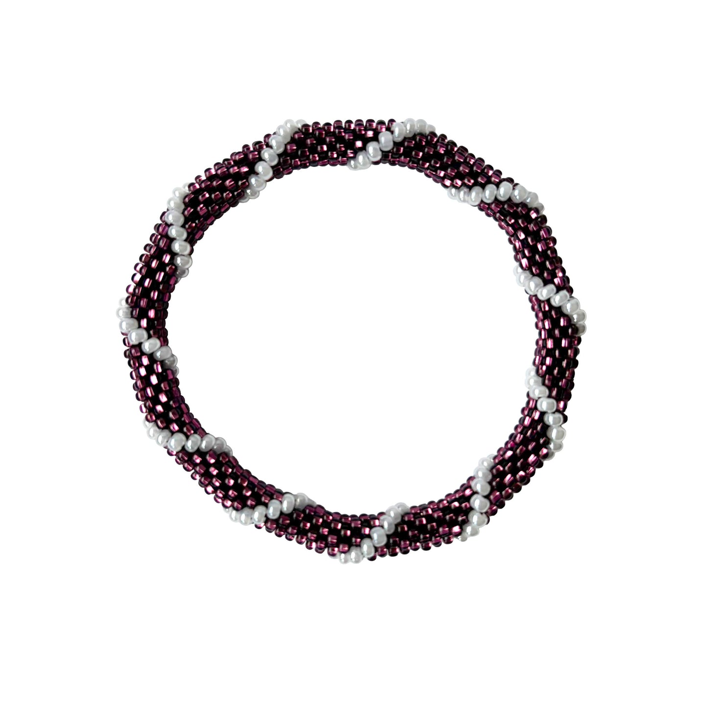 Lora Beaded bracelet on a white background, colours purple and white