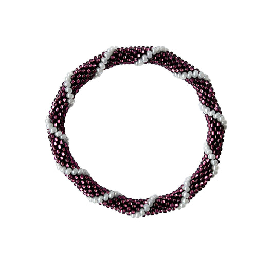 Lora Beaded bracelet on a white background, colours purple and white