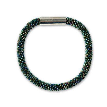 Mel beaded bracelet with a magnetic clasp on a white background, colour green Iris