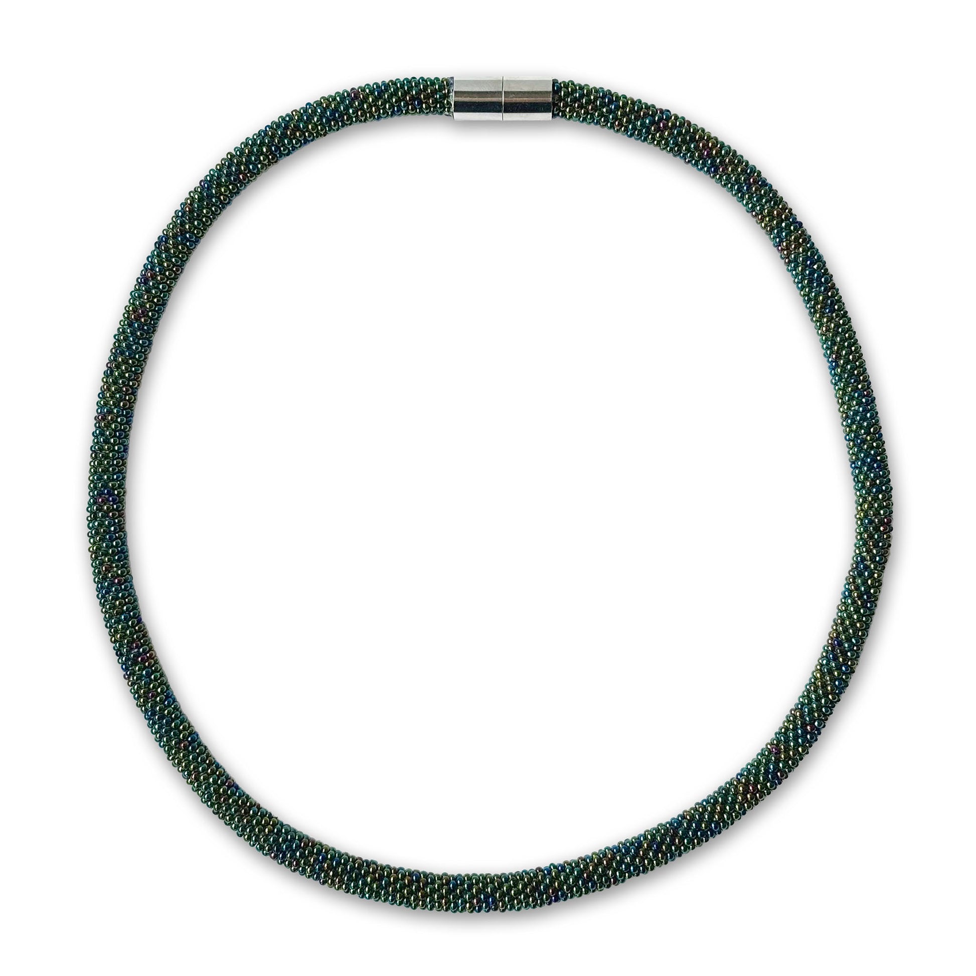 Mel beaded necklace with a magnetic clasp on a white background, colour green Iris
