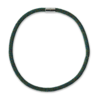 Mel beaded necklace with a magnetic clasp on a white background, colour green Iris