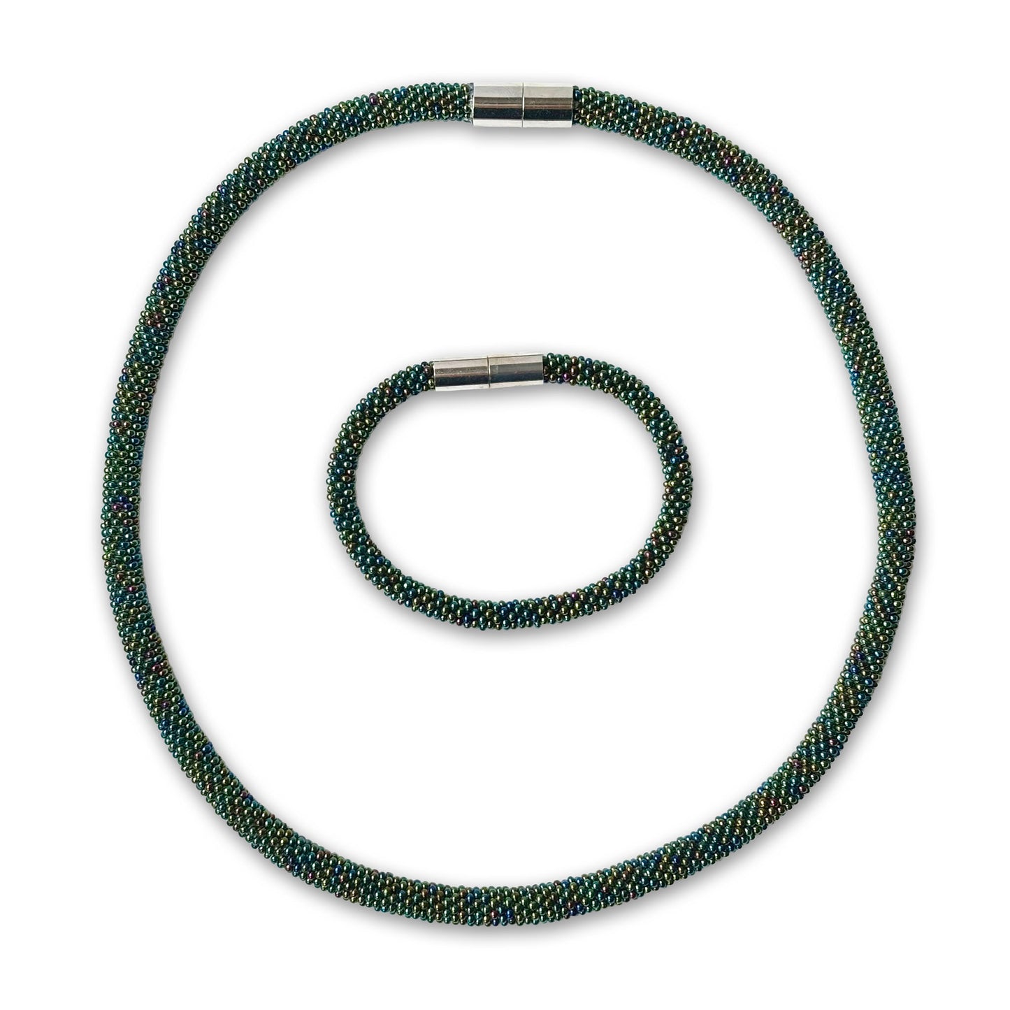 Mel beaded set with a magnetic clasp on a white background, colour green Iris