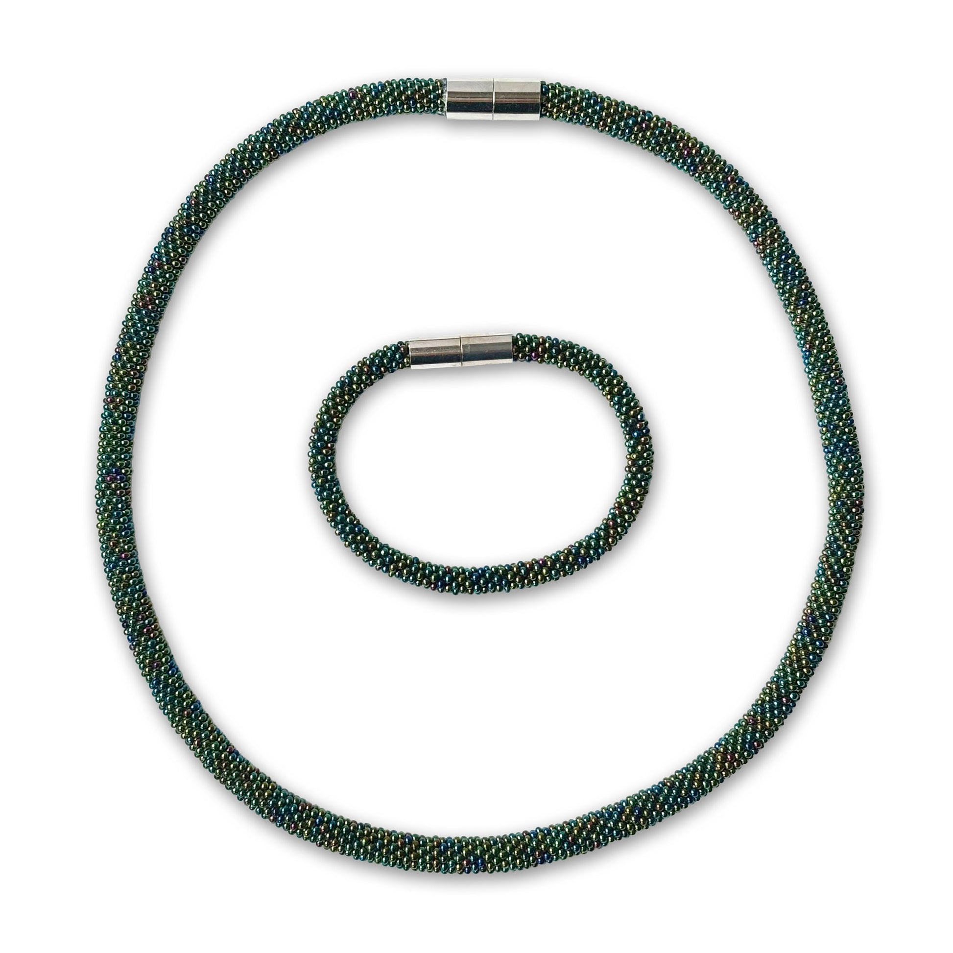 Mel beaded set with a magnetic clasp on a white background, colour green Iris