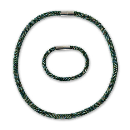 Mel beaded set with a magnetic clasp on a white background, colour green Iris