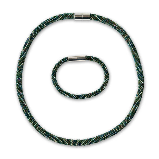 Mel beaded set with a magnetic clasp on a white background, colour green Iris