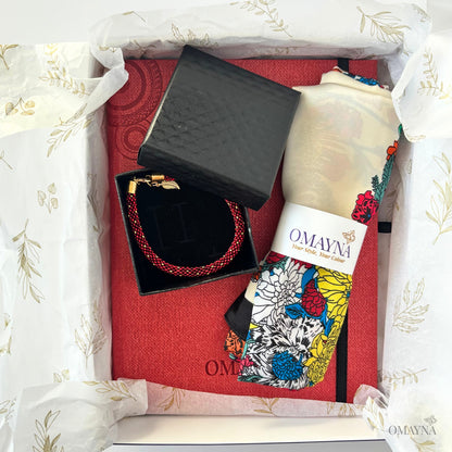 notebook set in crimson - bracelet in a black gift box, scarf with floral motif and red notebook, all in a gift box