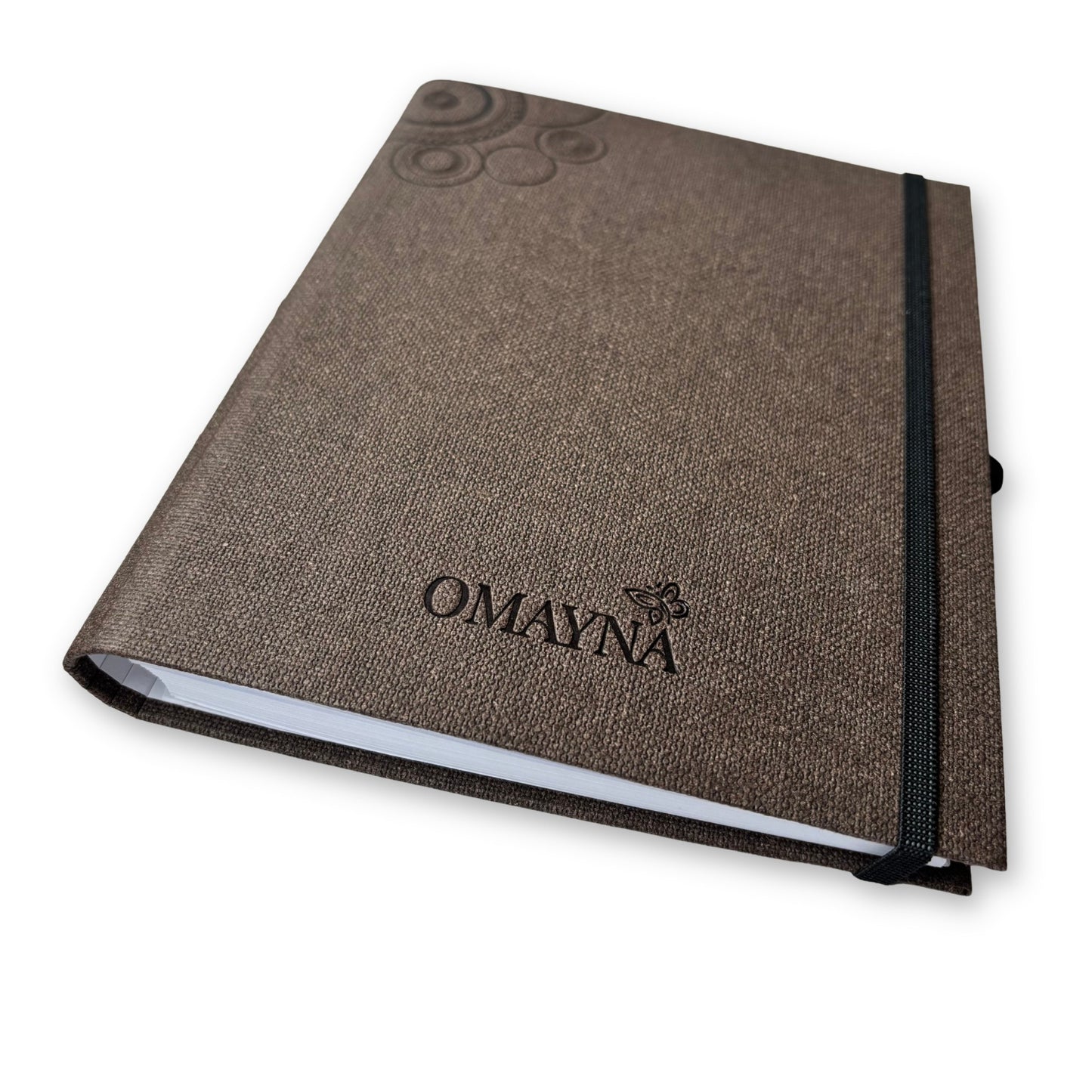 Brown notebook with 'Omayna' branding on a white background