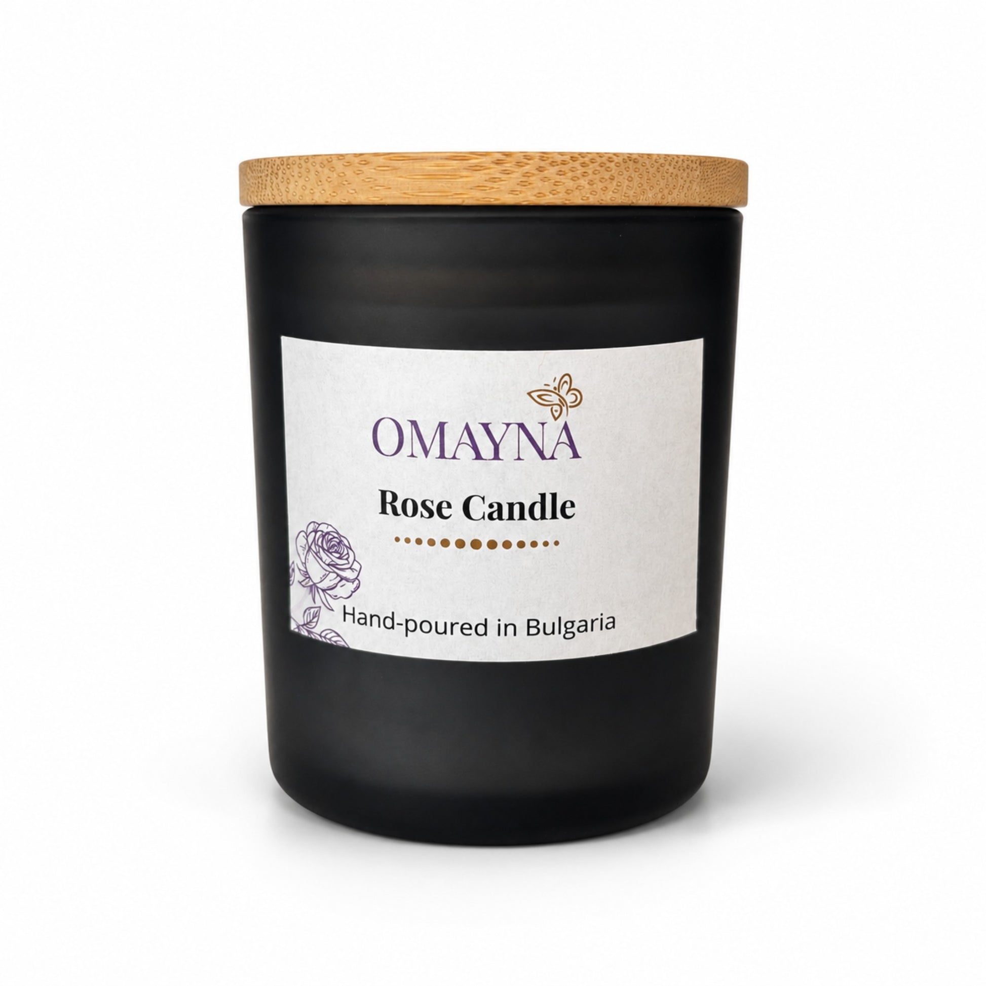 Black candle jar with a wooden lid and Omayna label on a white background