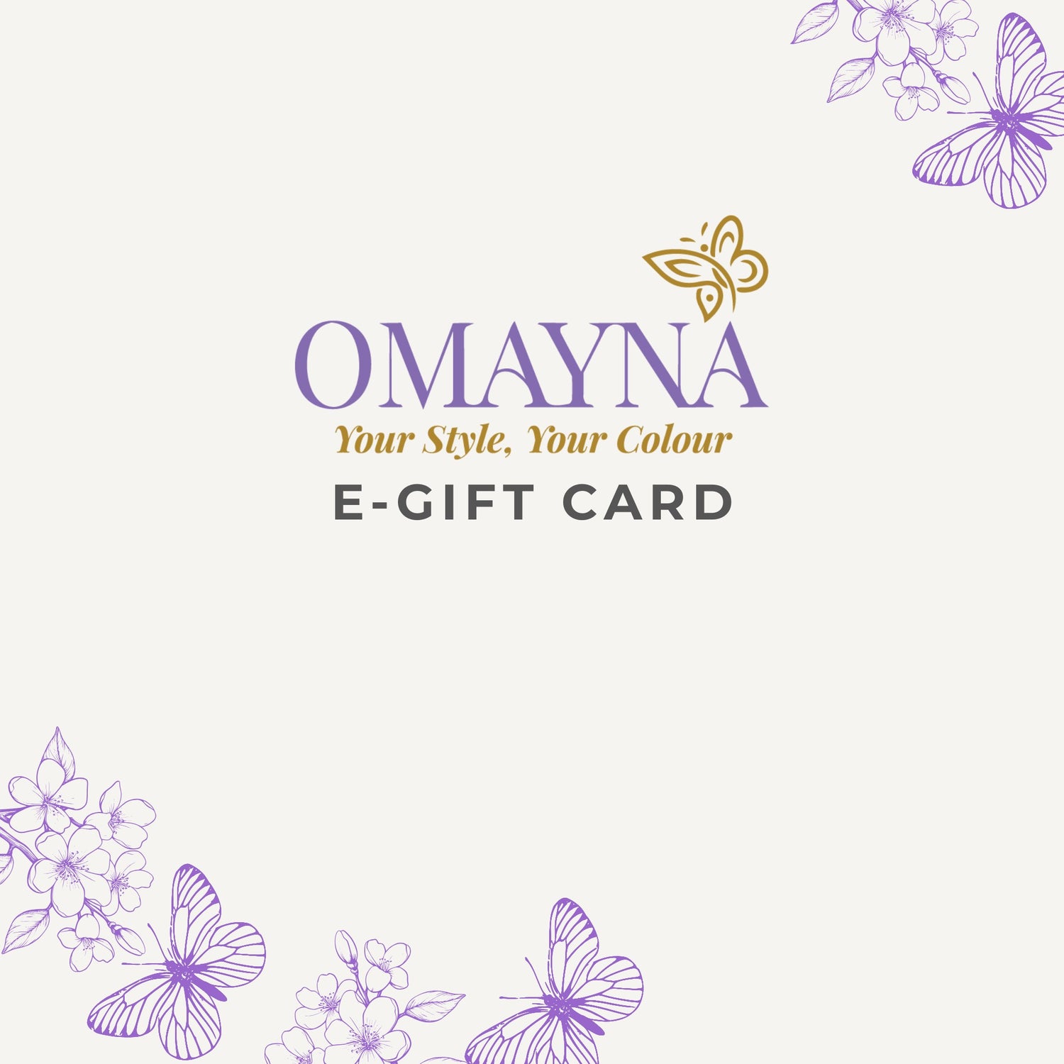 Omayna gift card image - logo on white background with elements in light purple