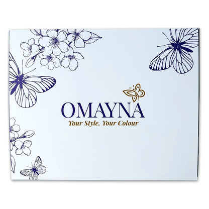 Omayna product packaging box with floral and butterfly designs on a light white background