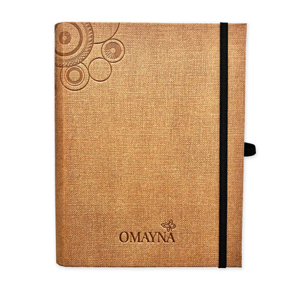 Terracota notebook with black strap closure on a white background with Omayna logo