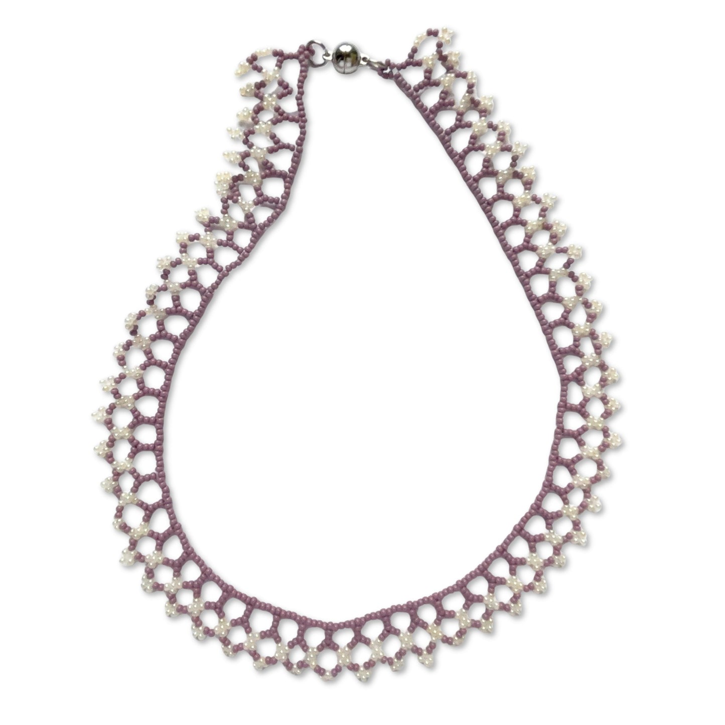 Una beaded necklace in soft purple and cream tones on a white background