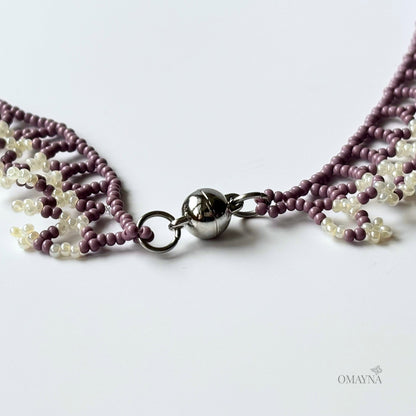 Una beaded necklace in soft purple and cream tones - clasp detail