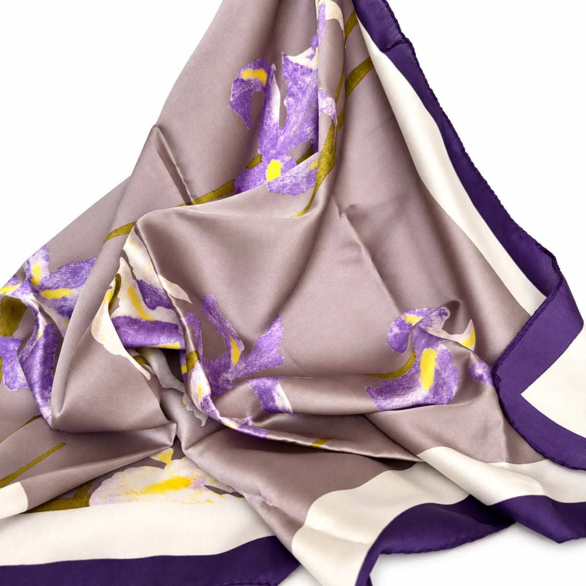 Floral scarf with purple flowers, yellow accents and a dark purple border.
